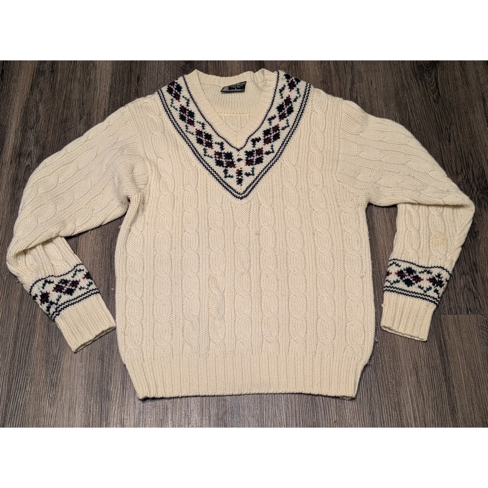 Preswick & Moore Wool Cable Knit Cricket Sweater V Neck‎ Pullover Large READ!
